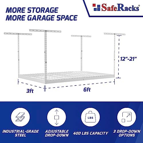 saferacks 3x6 overhead garage storage rack, white, 12"-21", close-up detail