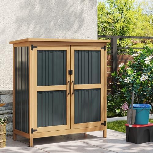 aoxun outdoor storage cabinet shed - wood &, front angle view
