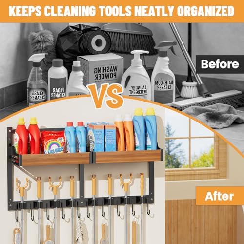 broom holder wall mount, broom and mop organizer showing dimensions