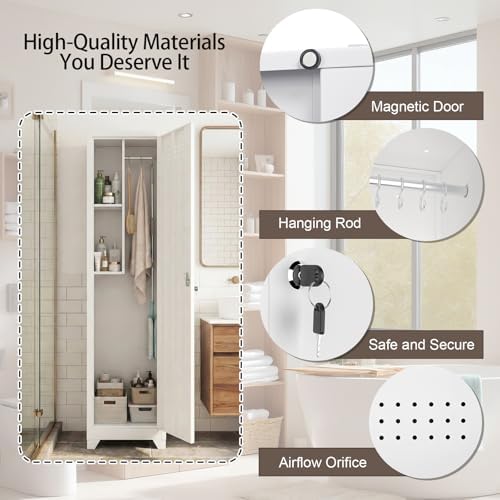 slim broom closet storage cabinet, 65" h metal showing dimensions