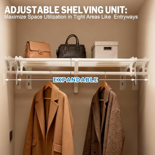 steel closet shelf with hanging rod, 52-95'' expandable, side view