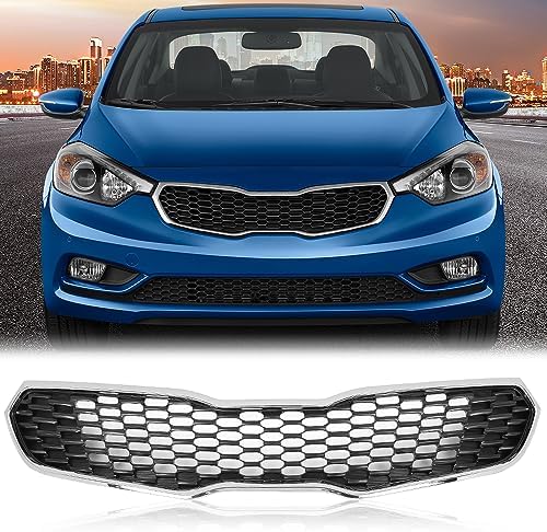 PIT66 Front Upper Bumper Grille Assembly Compatible with Kia Forte SX/EX/LX 2014-2016 Replacement KI1200156, 86350A7500, 86350-A7500 Chrome & Black
