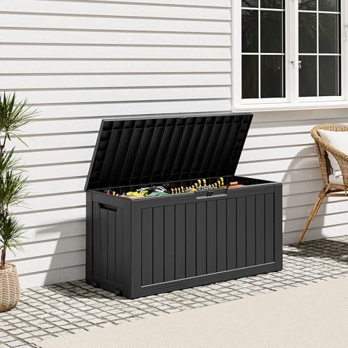 outdoor storage box, resin deck boxes indoor and showing dimensions