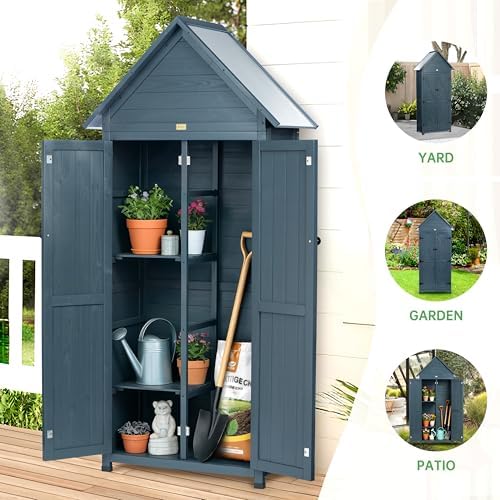 outdoor storage shed with floor & adjustable shelves shown in use
