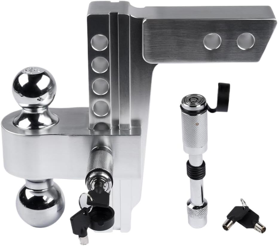 Silver Aluminum Adjustable Trailer Hitch 2 Inch Receiver 8 Inch Drop Solid Tube 12500 LBS GTW