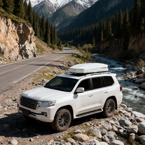 14 Cu Ft Cargo Box, Hard Shell Roof Carrier, Double-Side Opening, White | Fits most crossbars Dual-side opening Secure locking system ABS material For outdoor and travel gear