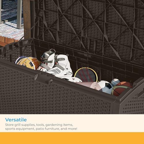 suncast 99 gal wicker resin deck box, storage, package contents