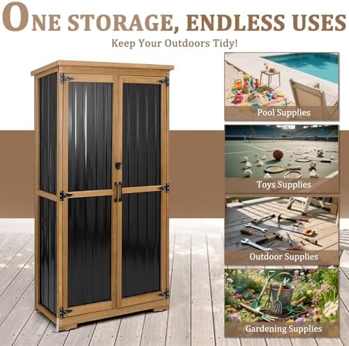 outdoor storage cabinet, wood & metal storage shed on a desk or shelf