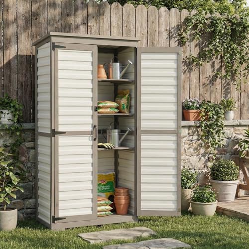 petscosset outdoor storage cabinet with shelves, wood & showing dimensions