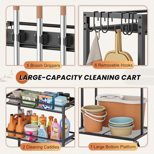 broom holder with cleaning supplies organizer, broom closet, side view
