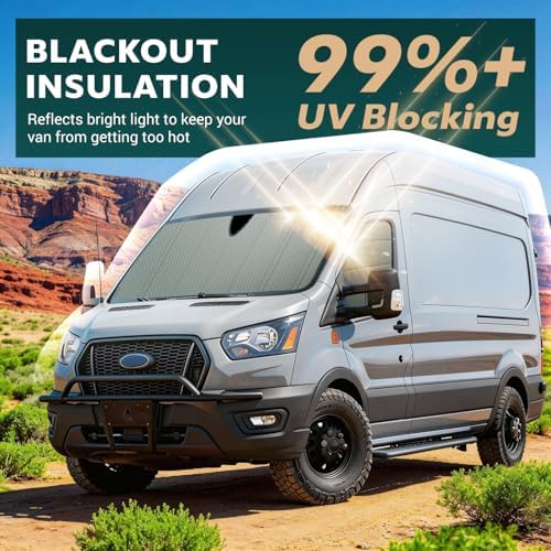 Extra-Thick Windshield Cover for Ford Transit Medium/High Roof Van,2015-2026,with Sensor,Insulated Blackout Foldable Windshield Sunshade, AllSeasonGuard Pro
