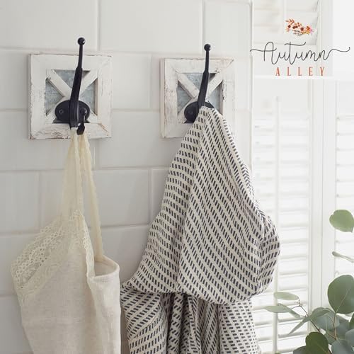 autumn alley farmhouse bathroom decor white hooks, towel shown in use