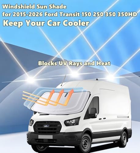 Windshield Sun Shade for 2015-2026 Ford Transit 150 250 350 350HD 240T Reflective Fabric Double-Layer Design Front Window Blocks UV Rays and Heat Automotive Interior Protector Keep Your Car Cooler