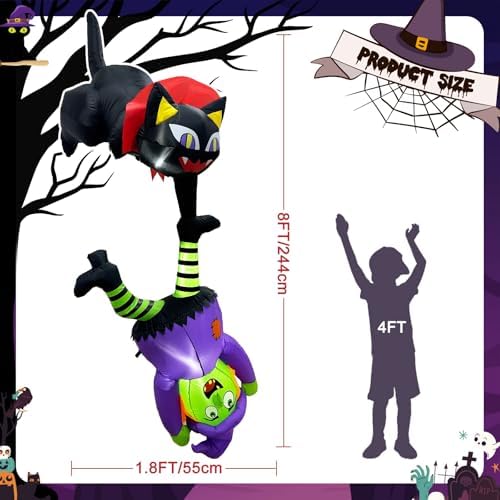 OurWarm 8FT Inflatable Witch Cat Halloween Inflatables Outdoor Decorations