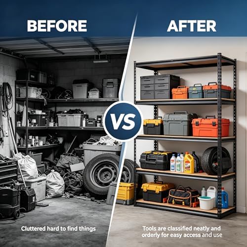 heavy duty garage storage shelves, 5-tier metal adjustable on a desk or shelf