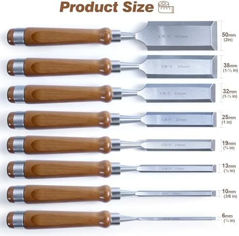 cr-v60 steel wood chisel set with sharpening kit showing dimensions