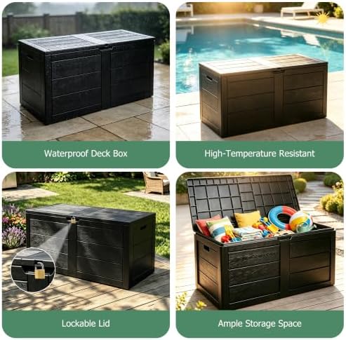 70 gal outdoor storage box, waterproof deck box, side view