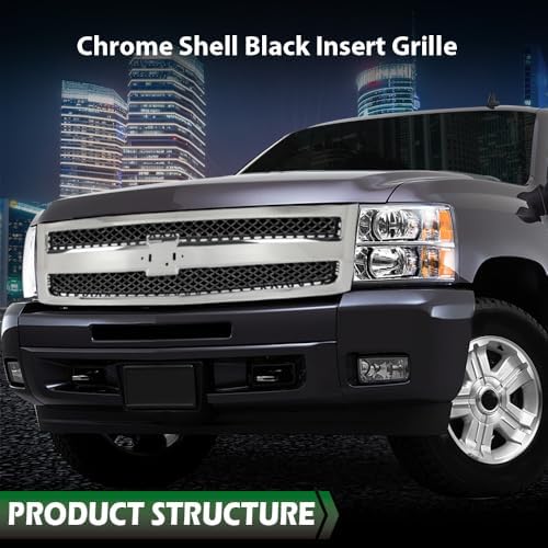GRAND ORANGE Front Bumper Grille Compatible with Chevy Silverado 1500 Hybrid/XFE 2009-2013, Fit Chevy Silverado 1500 LS/LT/LTZ/WT 2007-2013 Chrome