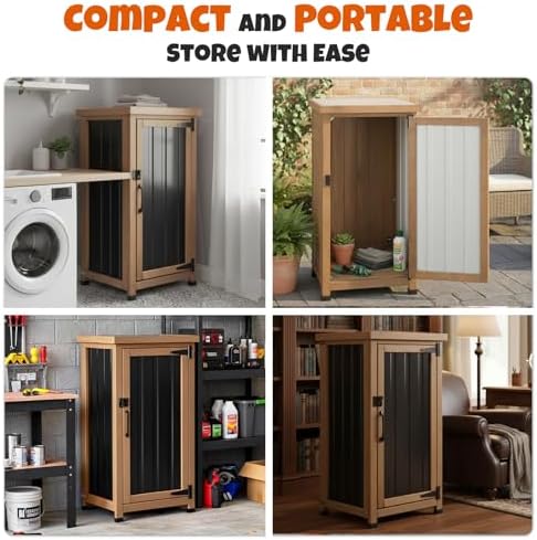 small outdoor storage cabinet, wood & metal storage showing dimensions
