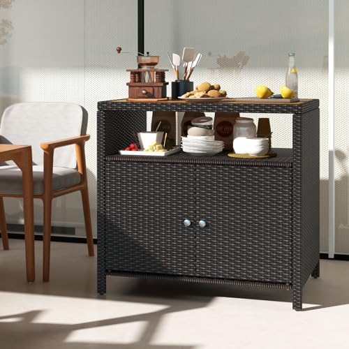 happygrill outdoor rattan storage cabinet, patio sideboard buffet shown in use