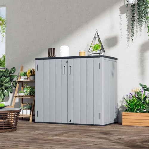 mrosaa large outdoor storage box,resin sheds&outdoor storage waterproof/lockable,outdoor shown in use