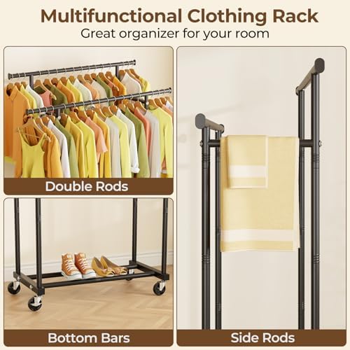 hyseyy double rods clothes rack, rolling clothing rack, close-up detail
