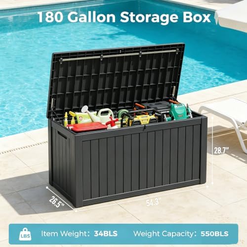 resin outdoor deck storage box waterproof (black, 180 shown in use