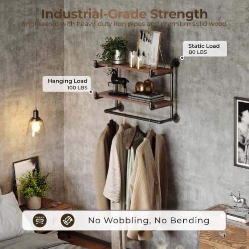 30in industrial pipe clothing rack, 2-tier wall mounted, close-up detail