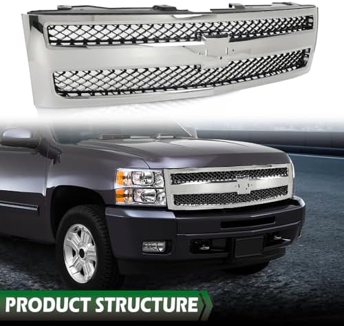 GRAND ORANGE Front Bumper Grille Compatible with Chevy Silverado 1500 Hybrid/XFE 2009-2013, Fit Chevy Silverado 1500 LS/LT/LTZ/WT 2007-2013 Chrome