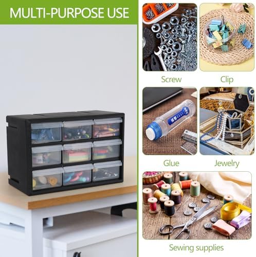 sadstory 9-drawer plastic drawer storage cabinet for garage showing dimensions