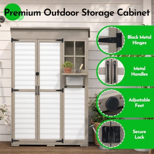 large outdoor storage cabinet with dual-zone shelves, garden, close-up detail
