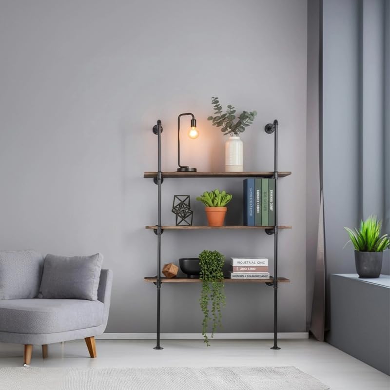 industrial pipe shelving system with 4 tiers, black shown in use