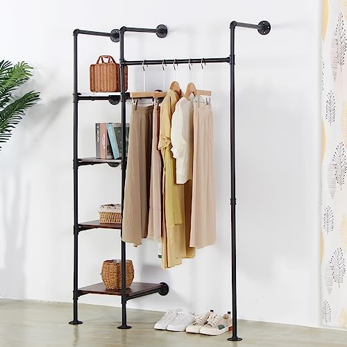 industrial pipe clothing rack with shelves, 71inch wall, close-up detail