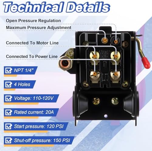 dreyoo air compressor pressure switch, 120-155 psi, 4, close-up detail