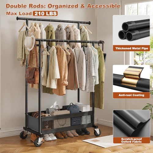 clothes rack 210 lbs double rods extra storage, side view