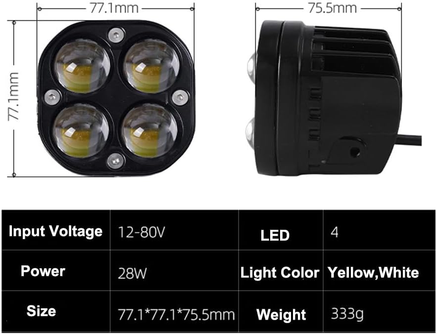 LED Motorcycle Lights,3 Inch 28W Super Bright 4 LED Pods Spotlights with Yellow+White Dual Light Colors, 12-80V Waterproof Driving Fog Lights for Motorcycle, ATV, UTV, Off-Road Vehicles 2 Pack