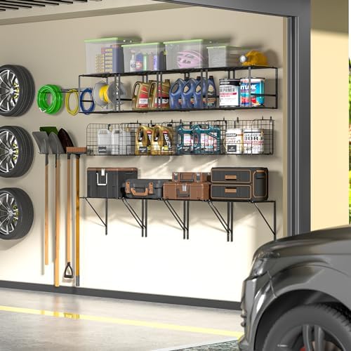 threehio garage shelf wall mounted with wire baskets on a desk or shelf