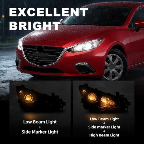 Projector Headlights Assembly Pair Compatible with Mazda 3 2014 2015 2016 Clear Lens Black Housing Amber Reflector Front Headlamp BPW1510K0 BPW1510L0 MA2503144 MA2502144
