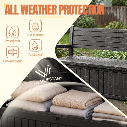storage bench outdoor deck box, 120 gallon lockable shown in use