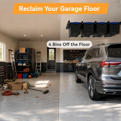 garage ceiling storage racks for 4 bins, 17" showing dimensions