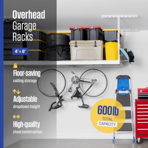 saferacks white 4x8 overhead storage rack w/ 5-pc shown in use