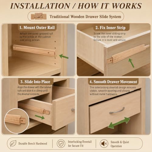 cyeah 6 pcs wood drawer slides, 17 inch showing dimensions