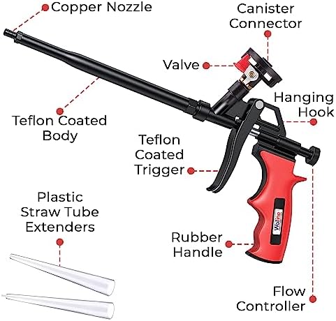 spray foam insulation gun, teflon-coated, red, 2 pack, close-up detail