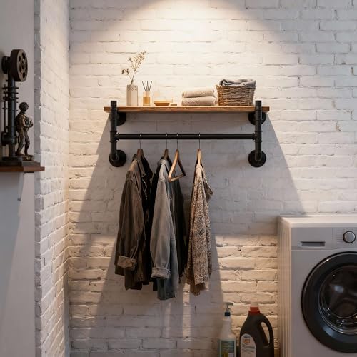 webi wall mounted clothes rack with shelf,30" industrial shown in use