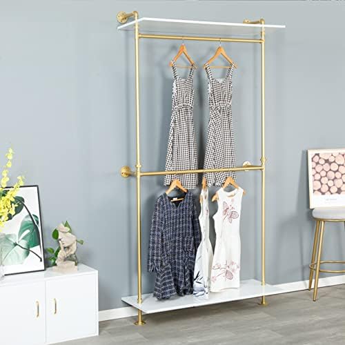 modern simple 2 tier metal and wood garment, close-up detail