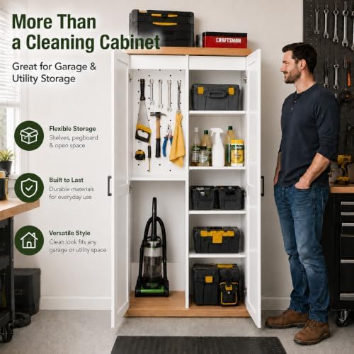 68.9" wooden broom closet storage cabinet with perforated, close-up detail