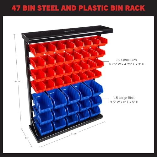 47-bin garage organization rack (15 large, 32 small), close-up detail