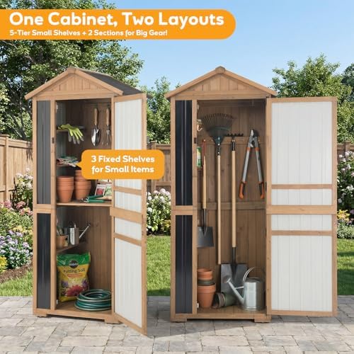 outdoor storage cabinet, wood & metal garden shed, close-up detail