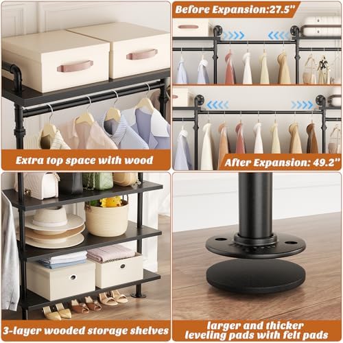 aheaplus industrial pipe clothing rack, expandable garment rack showing dimensions