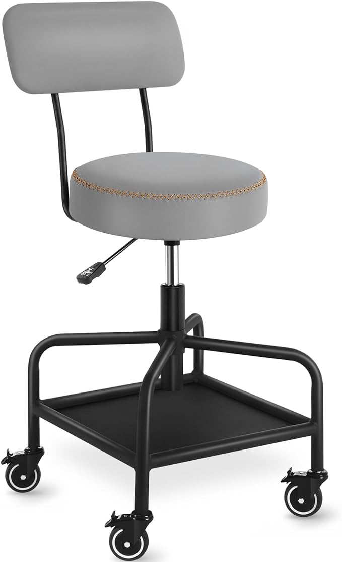Shop Stool with Lockable Rubber Wheels Adjustable Backrest Tool Tray Storage by WUDOYO